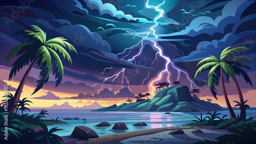 Lightning storm over tropical island, palm trees bending in wind, sea glowing from bright flashes, dark sky filled with rolling thunderclouds and electric tension