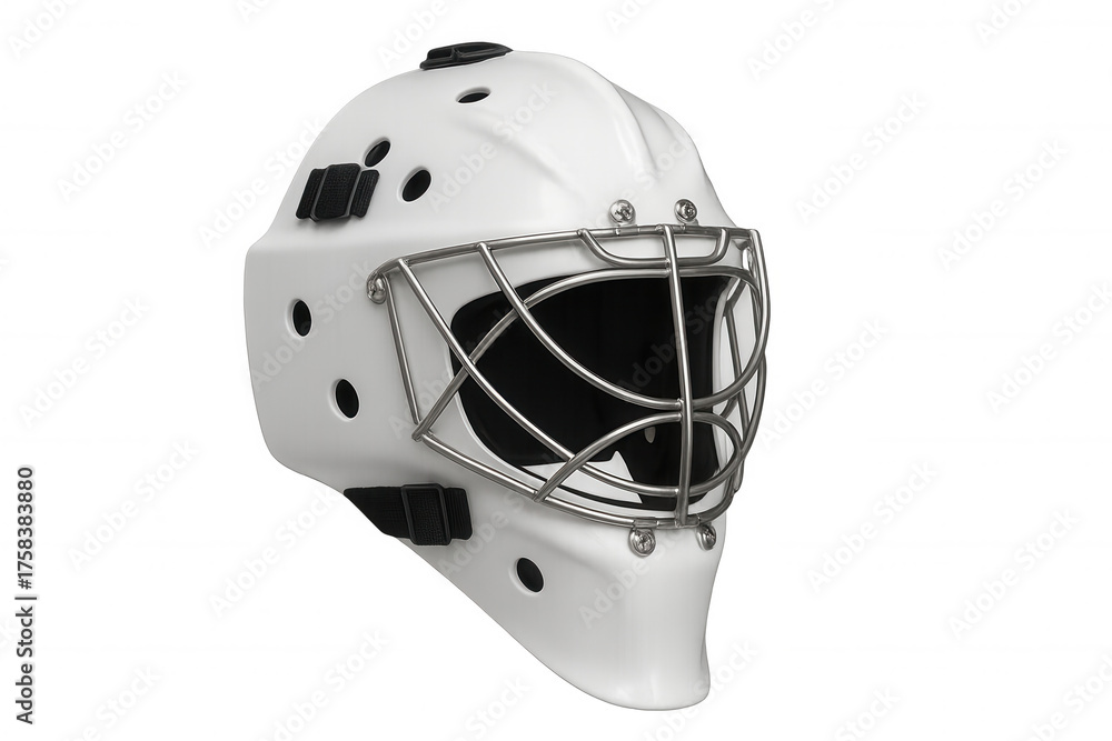 Fototapeta premium Ice hockey goalie mask protecting player head during match, white sportswear equipment for goaltender, transparent background