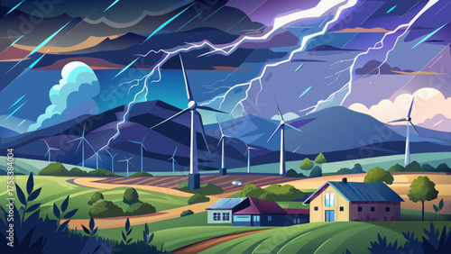 Massive lightning storm over rural countryside, windmills spinning under electric sky, rain and mist covering distant hills, a balance of technology and nature’s power