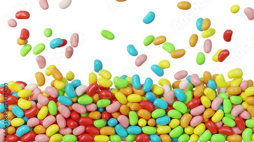 Colorful jelly beans filling the screen on white background. Seamless loop, 60 fps, 4K.