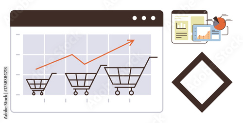 Shopping carts growing in size with upward arrow on analytics chart. Documents and pie charts in corner. Ideal for e-commerce, data analysis, growth strategy, sales, statistics, marketing, digital