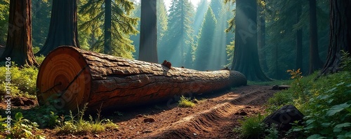 Fallen Redwood Giant Sunlight Dapples Lush Forest Clearing After Logging