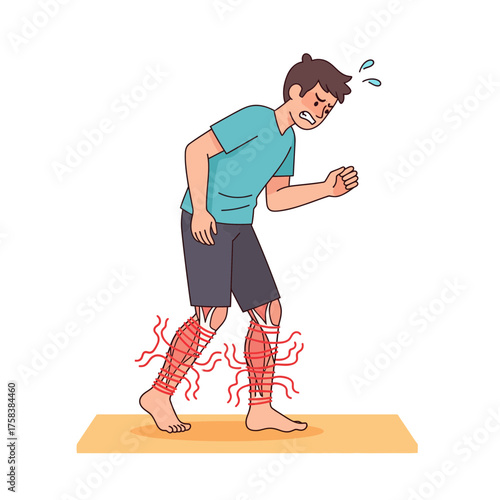 Young man experiencing intense muscle cramps and leg pain, possibly due to overexertion or injury, highlighting health discomfort