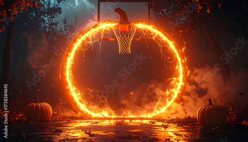 Glowing flaming hoop basketball rim encircled by fire on spooky pumpkin lit court at night, dramatic eerie atmosphere and intense orange glow