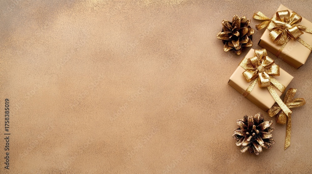 Fototapeta premium A beautifully arranged flat lay featuring golden gifts, Christmas decorations, and pinecones, perfect for New Year celebrations
