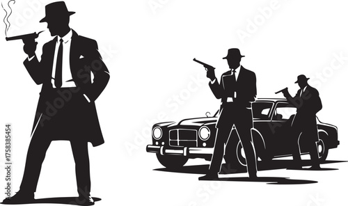 Silhouette men in fedoras with guns and vintage car