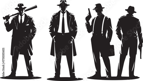 Four black silhouettes of men in fedoras and suits 1
