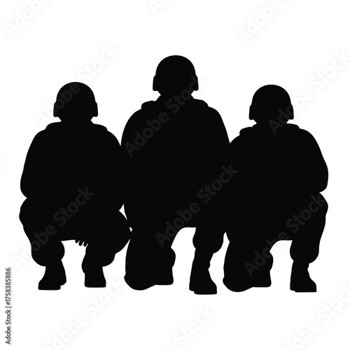 A silhouette depiction of three soldiers crouching down in a row wearing helmets on a white background