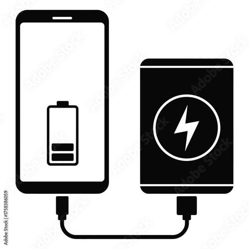 Minimalist black and white vector illustration of a smartphone charging with a power bank silhouette vector illustration white background