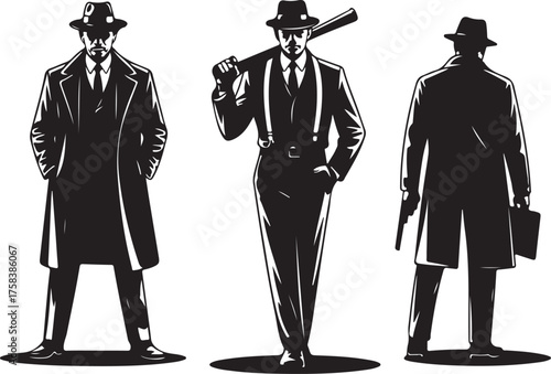 Three silhouette men in fedoras and trench coats gangster