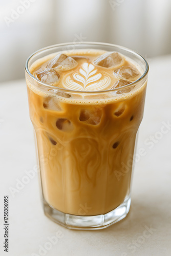 Iced Latte Art Delight: A refreshing iced latte, elegantly adorned with intricate latte art. The drink's creamy textures and chilled allure offer a moment of pure bliss.