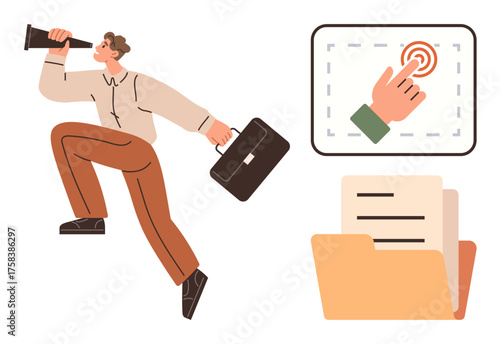 Man holding a telescope and briefcase, exploring opportunities. Features touch screen icon and open folder. Ideal for job search, business strategy, exploration, planning, digital solutions, data