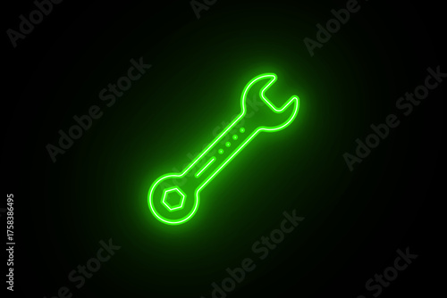 Carta da parati Neon glowing green color wrench tool icon sign on black background