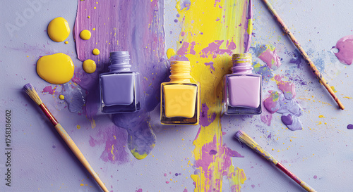 Three bottles of colorful nail polish in yellow and purple shades with spilled paint and brush on a pastel background, creating a vibrant artistic composition.