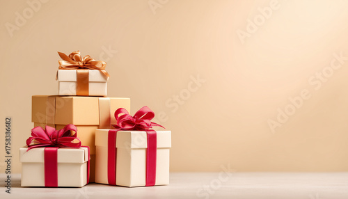 Elegant gift boxes with ribbons on gradient background. Left side empty for text. Perfect for holidays, sales, promotions, or festive designs.
