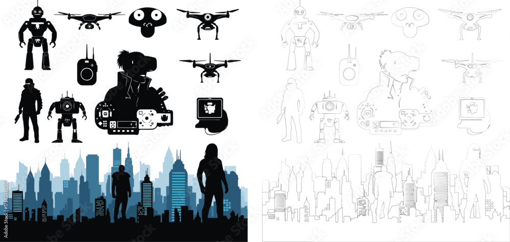Vector art of futuristic cityscape with robot and drone silhouettes, , conveying a sense of technological advancement and urban development silhouette