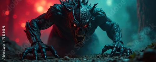 Menacing Monster Lurking in Shadows, Claws Extended, Ready to Strike - Perfect for Halloween, Horror, and Fantasy Projects