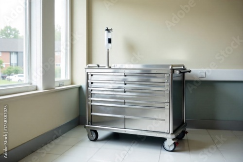 Hospital bed with medical supply cart and IV drip A full shot of a hospital bed in a neutral toned hospital room. A stainless steel medical supply cart with various items is parked next to it, and an