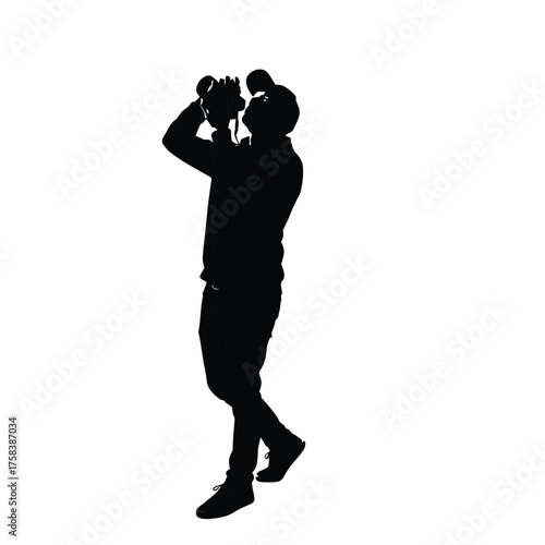 Silhouette of a person holding binoculars looking upwards against a white background view outdoors