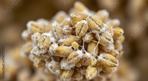 Close up of spoiled wheat grains with visible mold and texture details