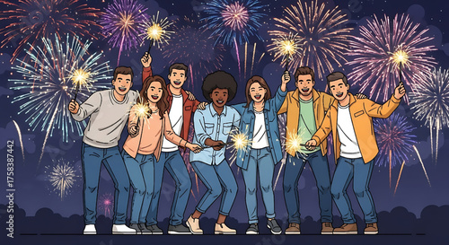Group Celebration with Fireworks and Sparklers: Friends Celebrating Event