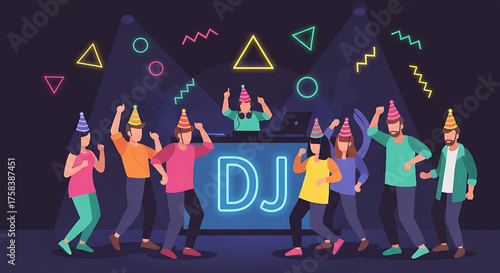 Party DJ with dancing crowd, vibrant celebration background design