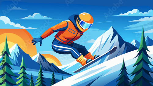Vector illustration of orange-clad snowboarder mid-jump on snowy mountain. Winter sports advertisement concept