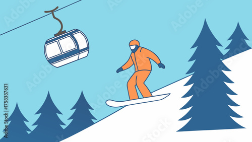 Vector illustration of orange-clad snowboarder mid-jump on snowy mountain. Winter sports advertisement concept