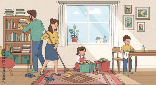 Happy Family Cleaning Home Together Illustration