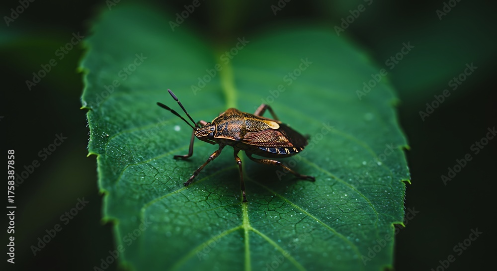 Naklejka premium Close up of a brown insect resting on a vibrant green leaf