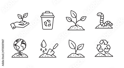 Eco friendly icons seedling growth earth recycling garden tools compost bin worm vector