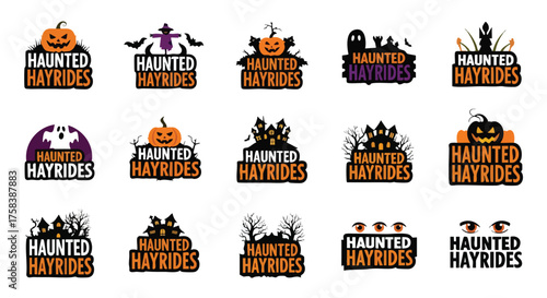 A collection of Halloween-themed "Haunted Hayrides" logos featuring pumpkins, ghosts, haunted houses, and spooky elements, perfect for seasonal marketing and event promotion.