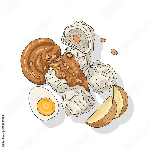 Delicious illustration of Siomai with peanut sauce and accompaniments.