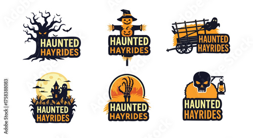 A collection of spooky Halloween-themed logos advertising haunted hayrides, featuring various illustrations such as a haunted tree, scarecrow, and spooky castle, perfect for seasonal promotions.