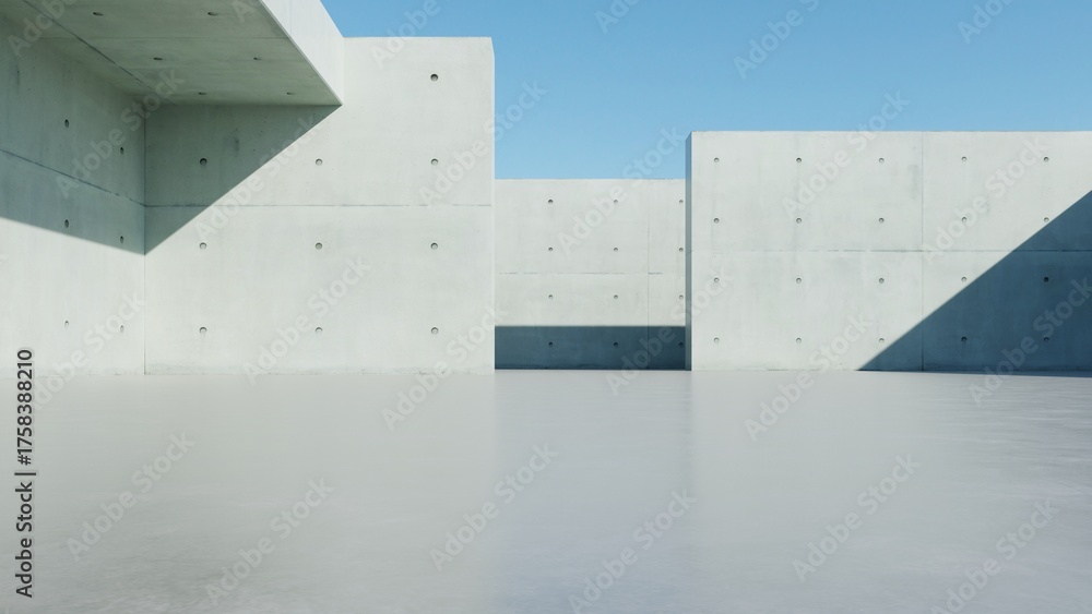 Obraz premium 3d render of abstract modern concrete architecture background, Minimal geometry architectural design, Car presentation backdrop with empty concrete floor, Geometric white blocks building design