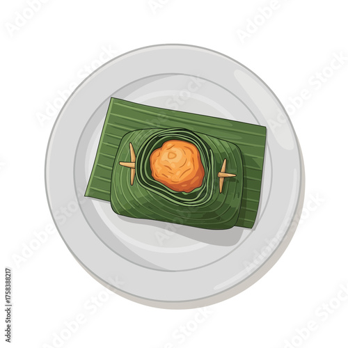 Delicious Orange Food Wrapped in Green Banana Leaves on a White Plate.