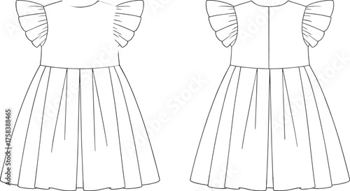 Girls dress fashion illustration, front and back view, puff sleeve, pleated skirt, technical drawing, garment design, sewing template, vector