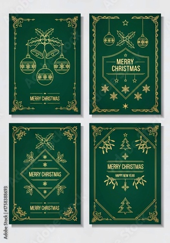 set of christmas cards with christmas tree, Elegant Merry Christmas and Happy New Year greeting card vector set with gold line art decorations, green background, holiday frames for celebration