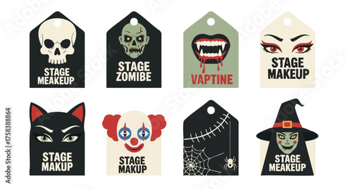 A collection of Halloween-themed stage makeup tags featuring various spooky characters such as a skull, zombie, vampire, cat, clown, stitched design, and witch, perfect for holiday promotions.