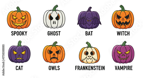 A vector illustration presents eight Halloween pumpkins with different carved faces and associated spooky characters, perfect for holiday-themed designs and decorations.