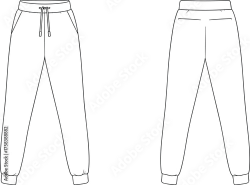 Jogger pants technical flat sketch, front and back view, fashion design template, garment illustration, apparel blueprint, vector drawing, clothing mockup