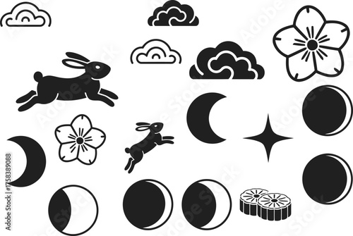 Joyful rabbits leap under moonlit clouds with blooming flowers and celestial stars.