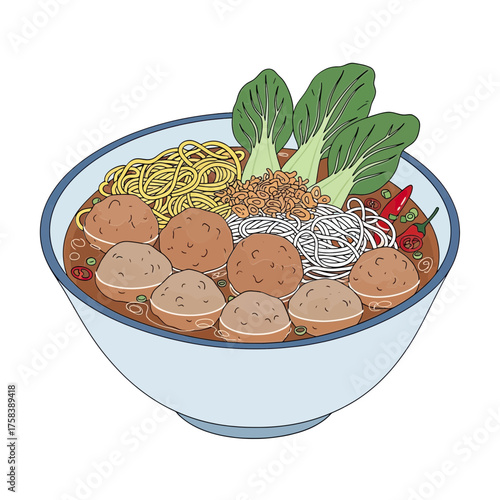 Hearty Bowl of Noodle Soup with Meatballs and Bok Choy.