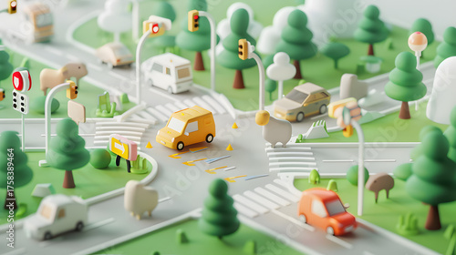 3d isometric low poly illustration of a highway intersection with many cars