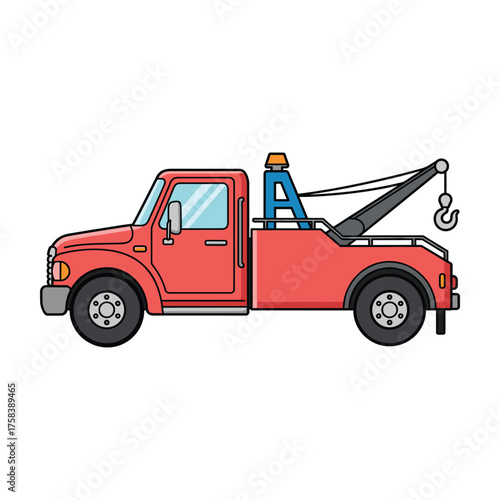 Red tow truck with a crane and hook, isolated on white background, vector illustration