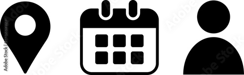 Illustration location, calendar, people black icon on isolated transparent background 