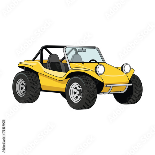 Yellow dune buggy vehicle with off-road tires and roll cage, vector illustration