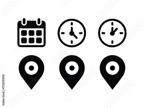 Set of black silhouette icons calendar clock location pin vector graphics for declarative eps files silhouette vector illustration white background