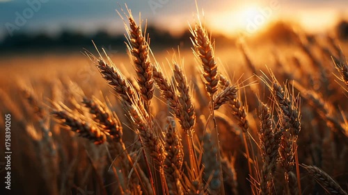 Rustic golden wheat field background with sun rays and close-up of ripe ears of grain during the autumn harvest season.