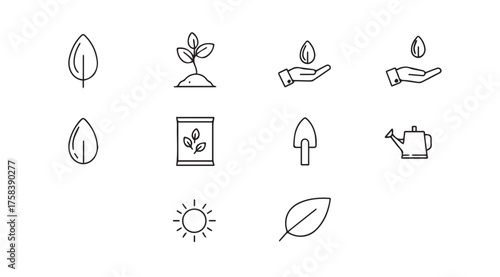 Hand drawn icons representing growth seedling soil watering can plant leaf sun vector
